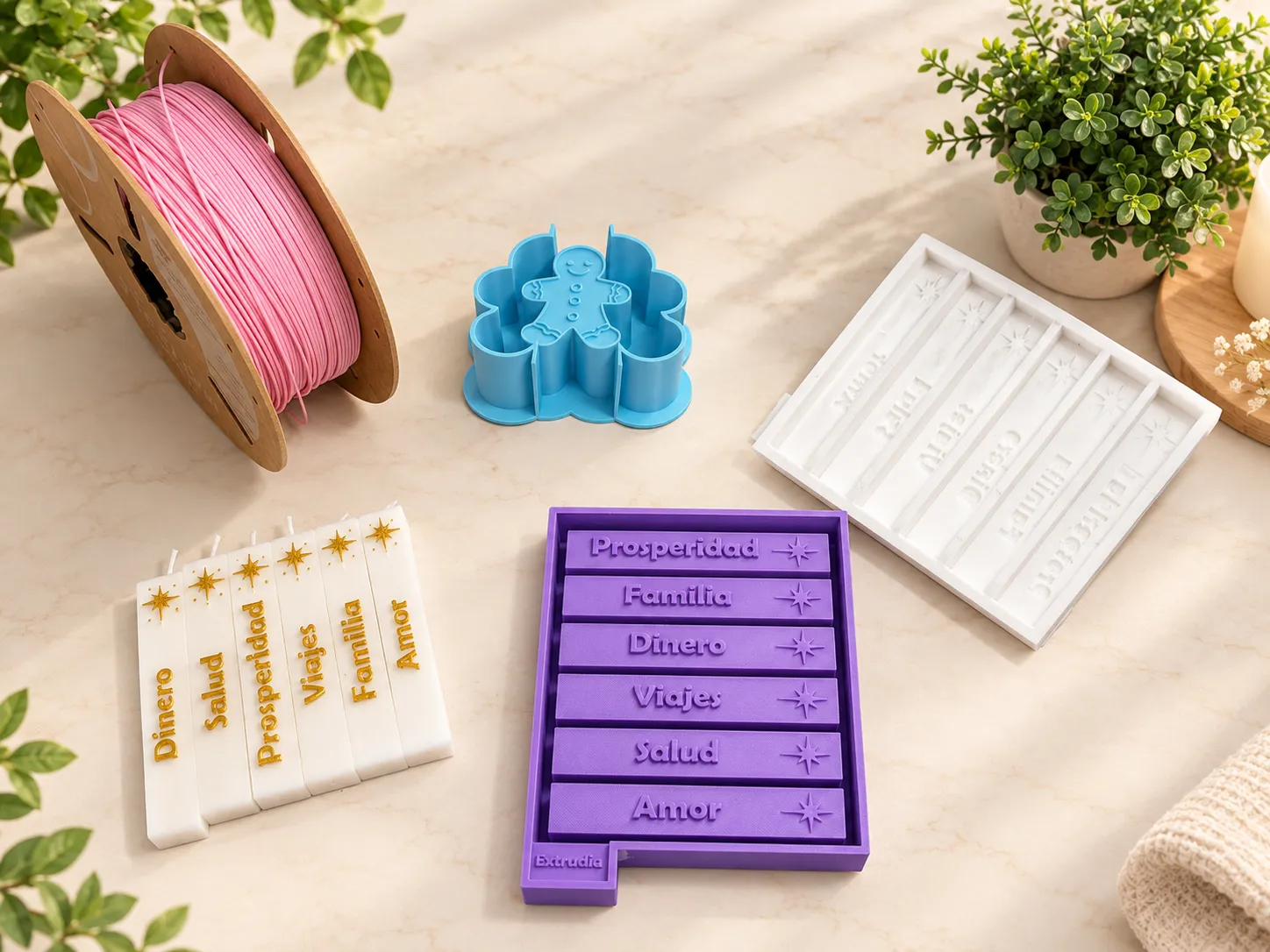 Matrices contramolde y velas artesanales de Extrudia sobre una mesa de trabajo, junto a un carrete de filamento rosa.